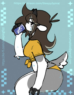abstract_background anthro beverage clothing countershading drinking female female_anthro fur grey_body grey_fur hair horn long_hair shirt short_tail sitting soda solo swimwear tail thick_thighs tied_shirt topwear two-piece_swimsuit wet tiredfizz bups bovid caprine goat mammal 2025