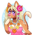 accessory alternate_species alternative_fashion anthro blonde_hair blush body_stickers breasts cleavage clothed clothing drag_(fashion) drag_queen dress female floral flower flower_accessory flower_garland flower_hair_accessory flower_in_hair fur ganguro_(fashion) garland gyaru hair hair_accessory heart_eyes heart_on_body heart_pupils heart_sticker heart_symbol hearts_around_body hearts_around_head hibiscus inner_ear_fluff j-fashion jewelry lei lips manba_(fashion) necklace outline_heart outline_star plant plumeria purple_eyes reverse_panda rounded_star_polygon solo star star_on_body star_polygon star_sticker stars_around_body stars_around_head sticker tan_body tan_fur tropical tuft y2k_(fashion) straw-bunnie huniepop sarah_"suki"_stevens domestic_cat felid feline felis mammal unavailable_at_source