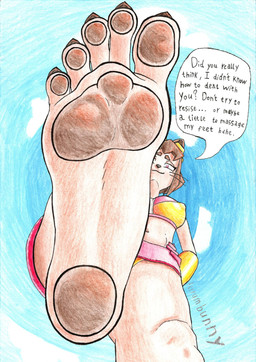 5_toes anthro barefoot belly bikini breasts brown_hair brown_pawpads claws clothed clothing cloud cloudy_sky dominant dominant_female eyewear eyewear_on_head feet female foot_fetish foot_focus goggles goggles_on_head hair hand_on_hip looking_at_viewer low-angle_view navel nipple_outline outside pawpads purple_eyes sky smile soles solo speech_bubble swimwear text toe_claws toes two-piece_swimsuit whiskers wide_hips ferrumbunny gameoverse glitch_productions kit_bodega felid feline mammal 2026 colored_pencil_(artwork) english_text graphite_(artwork) hi_res traditional_media_(artwork)