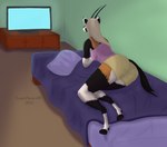 anthro bed bedroom black_horn bottomwear clothing cloven_hooves electronics female fur furniture hair hooves horn lying lying_on_bed multicolored_body multicolored_fur on_bed pillow shorts solo tan_hair television watching_television temetnosce88 antelope bovid grazing_antelope mammal oryx