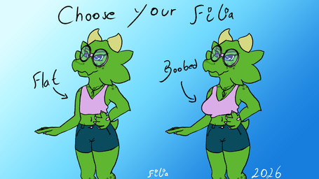 anthro big_breasts breasts clone comparing comparing_breasts crotch_lines duo eyelashes eyewear female flat_chested freckled_face freckled_legs freckled_shoulders freckles g_clef glasses green_body long_eyelashes musical_clef musical_symbol scale_freckles scales symbol year filiaflaminis filia_viridiana_flaminis kobold scalie 16:9 hi_res signature widescreen