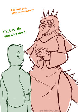 anthro bald biped breasts clothed clothed_anthro clothed_female clothed_human clothed_male clothing dialogue duo facial_horn female fingers frown hair hands_together horn humanoid_hands larger_anthro larger_female looking_at_another looking_down male medium_breasts non-mammal_breasts nun_habit nun_outfit open_mouth open_smile religious_clothing shirt simple_background size_difference smaller_human smaller_male smile spiked_tail spikes spikes_(anatomy) standing tail talking_to_another text topwear white_background wide_hips eddodoodle cavemanon_studios goodbye_volcano_high ko_op_(game_developer) snoot_game anon_(snoot_game) rosa_(gvh) aquilops ceratopsian dinosaur human mammal marginocephalian ornithischian prehistoric_species reptile scalie artist_name colored english_text restricted_palette