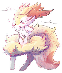 3_toes >_< anthro blush chest_tuft covering covering_self dipstick_tail embarrassed eyes_closed feet female fluffy fluffy_tail fur inner_ear_fluff markings multicolored_body multicolored_fur multicolored_tail open_mouth simple_background solo standing tail tail_markings toes tuft white_background wind nyaswitchnya nintendo pokemon braixen generation_6_pokemon pokemon_(species) 2018 hi_res