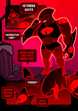 1_eye ambiguous_gender anthro bodily_fluids bottomwear clothing crop_top dialogue drooling eyeless gloves group handwear larger_male male saliva shirt shorts size_difference smaller_ambiguous speech_bubble text tongue tongue_out topwear trash_can rem_phase animate_inanimate asterozoan demon echinoderm fish living_clothing marine shark starfish 2025 comic english_text hi_res