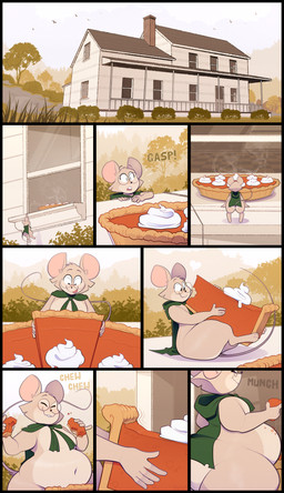 anthro belly building detailed_background eyewear female food glasses house micro outside overweight pastry pie solo stuffing ridiculouscake louise_thrushwood mammal mouse murid murine rodent wood_mouse 2019 absurd_res comic hi_res