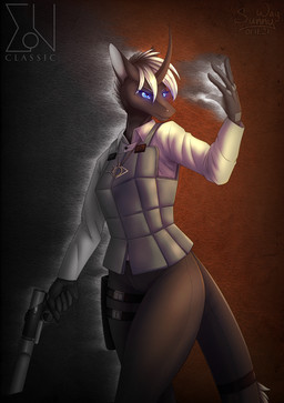 anthro armor equis_universe female glowing gun handgun pistol ranged_weapon solo text universe weapon sunny_way justiciar lin'el_feltesis ki'rinaes 2021 comic cover cover_art cover_page digital_drawing_(artwork) digital_media_(artwork) hi_res url