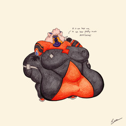anthro belly belly_overhang big_butt breasts butt clothed clothing female fully_clothed hammer morbidly_obese obese overweight solo space spacesuit text tools hgleoz eileen_(leoz) african_wild_dog canid canine mammal 1:1 absurd_res english_text hi_res