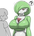 big_breasts breasts clothed clothing collarbone duo female green_hair grey_arms grey_body grey_clothing grey_hair grey_shirt grey_skin grey_topwear hair hair_over_eye looking_at_another one_eye_obstructed open_mouth question_mark shirt smile speech_bubble topwear white_body young young_human enigi09 nintendo pokemon gardevoir generation_3_pokemon human humanoid mammal pokemon_(species) 2024 hi_res