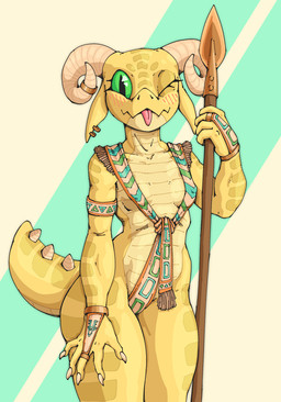anthro blep blush bracelet breasts claws clothed clothing female green_eyes holding_object holding_weapon horn jewelry looking_at_viewer melee_weapon nipple_outline non-mammal_breasts one_eye_closed piercing polearm ring scales short_tail shortstack shortstack_female simple_background skimpy small_breasts smile solo spear standing tail thick_tail thick_thighs tongue tongue_out tribal tribal_clothing ventral_scales weapon wide_hips wink yellow_body roodyyelen kobold reptile scalie 2025 digital_drawing_(artwork) digital_media_(artwork) hi_res