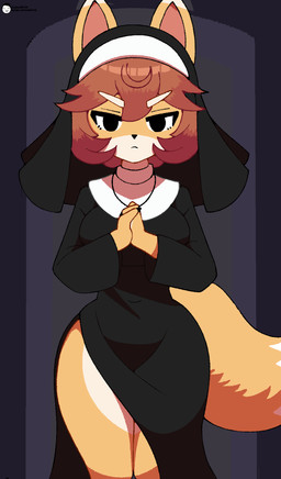 anthro big_tail biped black_clothing black_eyes black_jewelry black_necklace black_nose breasts claws clothed clothed_anthro clothed_female clothing dipstick_ears ear_markings eyebrows female female_anthro finger_claws fingers fur hair interlocked_fingers jewelry looking_at_viewer mouth_closed multicolored_body multicolored_ears multicolored_fur navel_outline necklace nun_habit nun_outfit orange_body orange_fur orange_tail pink_inner_ear religious_clothing solo tail text white_body white_clothing white_ear_tips white_eyebrows white_fur voider_(artist) bully_fox canid canine fox mammal 2025 artist_name digital_media_(artwork) hi_res url