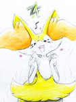 >_< anthro blush blush_lines bodily_fluids crying eyes_closed fur happy heart_symbol inner_ear_fluff musical_note musical_symbol open_mouth orange_body orange_fur simple_background solo symbol tears tears_of_joy tongue tuft white_body white_fur yellow_body yellow_fur eiroru nintendo pokemon braixen canid canine generation_6_pokemon mammal pokemon_(species) 2024 3:4 graphite_(artwork) hi_res traditional_media_(artwork)