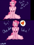 all_fours anthro anthrofied big_breasts breasts challenge_accepted dialogue female fur hair heart_symbol humor nipples nude pink_body pink_fur pink_hair pun smile solo text kdjade friendship_is_magic hasbro my_little_pony pinkie_pie_(mlp) earth_pony equid equine horse mammal pony 3:4 english_text hi_res meme signature