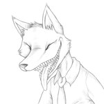 1:1 2013 anthro bust_portrait canid canine clothed clothing digital_drawing_(artwork) digital_media_(artwork) eyes_closed fox fur greyscale inner_ear_fluff male mammal monochrome necktie open_mouth open_smile portrait red_(rq) ruby_quest sharp_teeth shirt simple_background smile snout snuddisecrets solo teeth three-quarter_view tongue tongue_out topwear tuft white_background