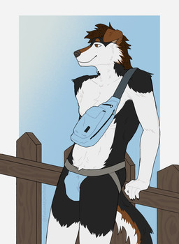 anthro bag clothed clothing forwarduntoporn jockstrap jockstrap_only leaning leaning_backward leaning_on_object male mullet outdoor_nudity outside smile solo topless underwear underwear_only slipstreamtease canid canine mammal hi_res