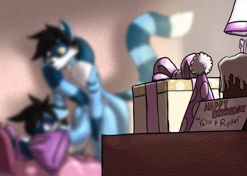 anthro birthday birthday_cake birthday_gift birthday_sex blurred_background blurred_character cake clothing dessert female female_penetrated food hat headgear headwear male male/female male_penetrating male_penetrating_female party_hat penetration sex acev striped_sins felix_(striped_sins) ryder_(striped_sins) mammal procyonid raccoon absurd_res digital_media_(artwork) hi_res incest_(lore)