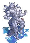 4_toes 5_fingers abs absurd_res anthro balls bandai_namco barefoot biceps black_nose blue_eyes blue_stripes canid canine canis casual_erection casual_nudity claws digimon digimon_(species) ear_piercing erection eye_scar facial_scar feet fingers fur genitals glans grey_body grey_fur hi_res himahimaa humanoid_genitalia humanoid_hands humanoid_penis male mammal manly muscular muscular_anthro muscular_male neck_tuft nipples nude open_mouth open_smile outline pecs penis piercing pink_glans pose presenting presenting_balls presenting_penis scar shaded signature simple_background simple_shading smile solo stripes tail teeth toes tuft vein veiny_penis weregarurumon white_background white_outline wolf
