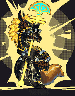 ambiguous_gender anthro bracelet collar jewelry latex melee_weapon pawpads paws polearm solo spiked_bracelet spiked_collar spikes weapon dizzymilky dogtober digital_media_(artwork) pixel_(artwork)