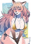 alternative_fashion anthro big_breasts bikini blush bodily_fluids breasts cleavage clothed clothing embarrassed exclamation_point fangs female female_anthro flying_sweatdrops fur gold_bikini gyaru hair half-closed_eyes hands_between_legs j-fashion kemono long_hair looking_back multicolored_body multicolored_fur narrowed_eyes open_mouth solo sweat sweatdrop swimwear teeth tongue two-piece_swimsuit ayabemiso canid canine fox mammal 2024 digital_media_(artwork) hi_res