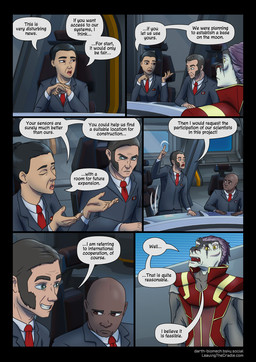 4_arms 4_eyes 5_fingers anthro bald biped chair claws dark_body dark_skin dialogue dialogue_box fingers furniture group hair light_body light_skin male multi_arm multi_eye multi_limb open_mouth purple_hair scar speech_bubble suit_and_tie text yellow_eyes darth_biomech leaving_the_cradle zane_htrua_sha alien human mammal raharr 2025 colored comic english_text hi_res url