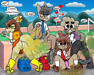anthro backpack bottomwear bulge butt camel_toe clothed clothing dialogue fart fart_cloud female freckled_butt freckles genitals grass green_fart_cloud group male mountain nude panties plant school skirt soccer sport tail tail_under_skirt text underwear vulva young young_anthro martini_gasu aquatic canid fish mammal shark 5:4 digital_drawing_(artwork) digital_media_(artwork) english_text hi_res signature