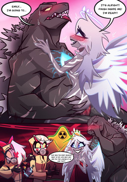 2_panel_comic 6_wings ambiguous_penetration back_spikes blanket_only blonde_hair blue_eyes blush bodily_fluids broken_device chest_scar claws clothing colored_nails crossover_ship dialogue double_thumbs_up electricity embarrassed eye_contact eye_patch eye_scar eyelashes eyewear facepalm facial_scar feathered_wings feathers female freckles gas_mask genitals gesture gloves glowing glowing_markings glowing_scar grey_body grey_scales grey_skin group hair hair_over_eye halo hand_gesture hand_on_chest hand_on_hip handwear hazmat_suit interspecies larger_male long_hair looking_at_another looking_at_partner male male/female markings mask meter multi_wing nails nervous nervous_smile nude open_mouth penetration penis red_eyes red_sky romantic romantic_couple scales scar scars_all_over sharp_teeth shocked size_difference sky skyscape smile spikes spikes_(anatomy) sweat tarp teeth thrusting thumbs_up tongue_hanging_out white_body white_feathers white_hair white_nails white_skin wings yellow_eyes chanuaree godzilla_(series) hazbin_hotel hellaverse toho charlie_morningstar emily_(hazbin_hotel) godzilla vaggi_(hazbin_hotel) angel dinosaur humanoid kaiju monster prehistoric_species reptile scalie seraph_(angel) comic crossover hi_res