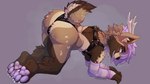 abstract_background anthro antlers arm_warmers armwear bedroom_eyes big_butt biped brown_body brown_fur bulge bulge_from_behind butt cheek_tuft clothing facial_tuft fluffy fluffy_tail fur grey_background hair half-closed_eyes harness horn huge_butt kneeling looking_at_viewer looking_back male male_anthro narrowed_eyes pawpads paws presenting presenting_hindquarters purple_hair purple_pawpads scut_tail seductive sharp_teeth short_tail simple_background smile smirk smug smug_face smug_grin solo tail teeth text thong tuft underwear caracalpilot petals_(hibiscuspetals) cervine deer hybrid mammal procyonid raccoon sika_deer absurd_res english_text hi_res