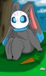 anthro blue_eyes carrot colored_tips female food fur glowing glowing_eyes grass grey_body grey_fur mask neck_tuft paws plant sitting sitting_on_ground solo tree tuft under_tree vegetable elchuydra tochtli lagomorph leporid mammal rabbit 2023 hi_res signature