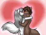 anthro big_tail blush blush_lines bodily_fluids brown_body brown_fur brown_hair brown_nose butt duo eyes_closed female fur grey_hair hair happy heart_symbol hug hugging_another kissing licking_tongue love male male/female nude pink_nose raised_tail romantic romantic_couple saliva simple_background smile smiling_at_another smiling_at_partner tail tongue tongue_out white_body white_fur white_tail skbld twokinds raine_silverlock zen_(twokinds) canid canine canis mammal wolf hi_res