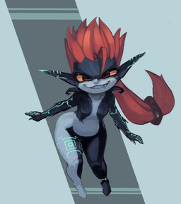 breasts butt female glowing glowing_markings hair humanoid_pointy_ears markings navel pointy_ears ponytail red_eyes smile smiling_at_viewer smirk smirking_at_viewer snaggle_tooth solo wide_hips yellow_sclera null_skull nintendo the_legend_of_zelda twilight_princess midna humanoid imp twili absurd_res hi_res