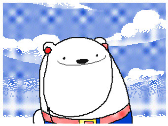 ambiguous_gender anthro belt black_nose blue_bottomwear blue_clothing bodily_fluids bottomwear bread clothed clothing cloud duo food outside pockets relatable smile sweat text walking white_body keke_(artist) bear canid canine fox mammal polar_bear ursine 4:3 animated digital_media_(artwork) english_text flipnote_studio_(artwork) frame_by_frame low_res