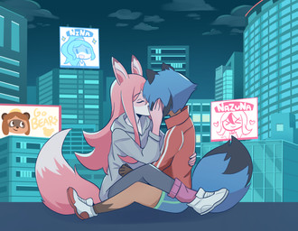 anthro anthro_on_anthro billboard black_body black_fur black_hair blue_body blue_fur blue_hair bottomwear brown_body brown_fur city clothed clothing duo eyes_closed female female/female fluffy fluffy_tail footwear fur hair jacket kissing long_hair multicolored_body multicolored_fur multicolored_hair night outside pink_body pink_fur pink_hair shoes short_hair shorts sweater tail topwear white_body white_fur poptrt brand_new_animal studio_trigger jackie_(brand_new_animal) michiru_kagemori nazuna_hiwatashi nina_flip canid canine fox mammal raccoon_dog tanuki 2020 absurd_res hi_res