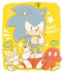 :> >_< ^_^ anthro blue_body blue_fur blush bodily_fluids border clothing eyes_closed footwear fur gloves group handwear heart_symbol male question_mark red_body shoes simple_background smile sweat sweatdrop text white_border yellow_background yellow_body sikai sega sonic_the_hedgehog_(series) knuckles_chao sonic_the_hedgehog tails_chao chao_(sonic) character_chao eulipotyphlan hedgehog mammal english_text