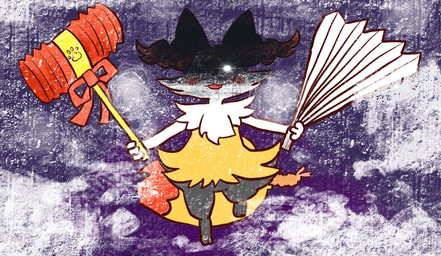 ambiguous_anthro ambiguous_gender anthro biped blush bow_ribbon digitigrade dipstick_tail featureless_crotch folding_fan front_view glowing glowing_eyes hammer hand_fan holding_fan holding_hammer holding_object holding_tool looking_at_viewer markings midair object_in_tail open_:3 open_mouth open_smile smile solo tail tail_markings text tools annyui0611 nintendo pokemon braixen canid generation_6_pokemon mammal pokemon_(species) 2022 digital_drawing_(artwork) digital_media_(artwork) english_text full-length_portrait hi_res japanese_description portrait translated_description