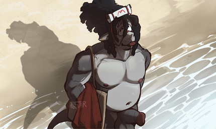 bag balls beach belly big_penis black_hair bodily_fluids clothing detailed_background dreadlocks ear_piercing exhibitionism flaccid genitals glans grey_body hair happy hat headgear headwear looking_up_at_another male musclegut muscular nipples nude pecs penis piercing pink_nipples red_glans sand silly silly_face solo standing sweat sweatdrop tail tongue tongue_out towel water wave allstarfall nintendo splatoon big_man_(splatoon) fish manta_ray marine ray_(fish) hi_res shaded