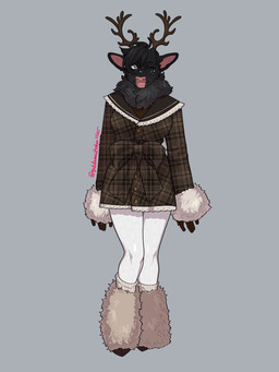 anthro big_ears black_body black_fur black_hair boots clothing ears_up female footwear fur hair horn jacket looking_at_viewer one_eye_closed shoes smile smiling_at_viewer solo topwear wink winking_at_viewer goddamnitrobin aima_tahtivyo_(lynxzy) deer mammal new_world_deer reindeer 3:4 hi_res