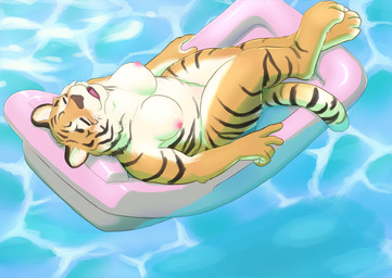anthro biped breasts eyes_closed female fur inflatable lying markings nipples nude on_back pool_float pool_toy solo striped_body striped_fur striped_markings striped_tail stripes swimming_pool tail tail_markings water ryu_masakaze felid mammal pantherine tiger