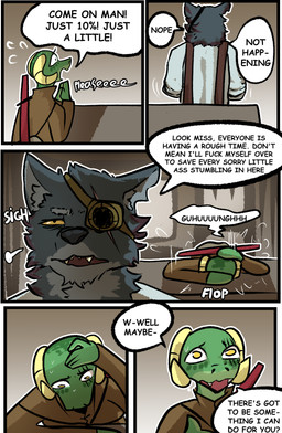 anthro clothed clothing dialogue duo female fur horn male open_mouth profanity prosthetic scar speech_bubble text yellow_eyes brradett lernie_(brradett) canid canine canis mammal scalie wolf absurd_res colored comic digital_media_(artwork) english_text hi_res