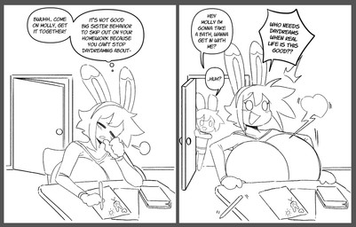 anthro big_breasts border bottomwear breasts clothing dialogue door duo eyes_closed female grey_border hair huge_breasts male open_mouth paper pencil_(object) question_mark shirt shorts shota sitting speech_bubble text thought_bubble topwear young young_anthro young_male angstrom marco_(angstrom) molly_(angstrom) lagomorph leporid mammal rabbit comic english_text monochrome