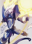 anthro armor blue_body cape clothing energy_weapon hair headgear helmet male solo text white_hair yellow_eyes 1day1digimon bandai_namco digimon digimon_data_squad canid canine digimon_(species) mammal miragegaogamon hi_res japanese_text