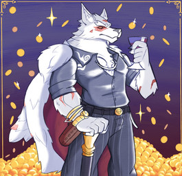 5_fingers anthro cane claws coin facial_markings fingers fur grey_body grey_fur head_markings humanoid_hands male markings muscular muscular_male solo starwaffle epic_games fortnite fletcher_kane canid canine canis mammal wolf colored