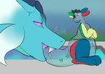 blue_body blue_scales duo imminent_vore nervous pool_toy poolside scales simple_background size_difference tail tail_in_mouth frostidragon frosti_(frostidragon) hi_res