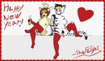 abstract_background alcohol anthro antlers balls beverage big_nipples black_body black_fur blue_eyes brown_eyes choker clothing countershading cybernetic_arm cybernetic_limb cybernetics dark_body dark_skin duo evening_gloves eyebrow_percing female female/female foreskin fur genitals gloves gynomorph hair hair_bun handwear heart_symbol highlights_(coloring) holidays horn intersex jewelry legwear light_body light_skin machine necklace nipple_piercing nipples penis piercing postcard prosthetic sidecut small_nipples smile stockings stripes tail tan_body tan_fur text thigh_highs white_body white_fur kcdodger new_year avo_faliya saladin_faliya cervine deer felid mammal pantherine tiger signature trans_(lore) trans_woman_(lore)
