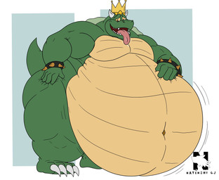 anthro belly big_belly bodily_fluids bracelet claws crown fangs green_body green_scales hand_on_belly hand_on_hip headgear horn huge_belly jewelry male morbidly_obese morbidly_obese_anthro morbidly_obese_male navel obese obese_anthro obese_male open_mouth overweight overweight_anthro overweight_male saliva saliva_on_tongue saliva_string scales solo standing tail teeth tongue tongue_out zangokunatenshi mario_bros nintendo king_koopa koopa scalie 2025 hi_res signature
