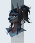 anthro black_hair eyelashes female fur glistening glistening_eyes grey_body grey_fur hair orange_eyes ponytail solo marie_merkh felid mammal absurd_res artist_name bust_portrait hi_res portrait