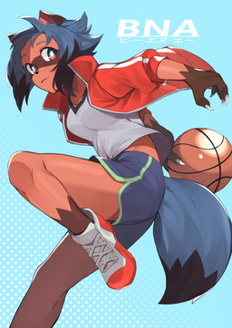 5_fingers anthro basketball black_hair blue_eyes blue_hair breasts brown_body brown_fur butt clothed clothing female fingers fluffy fluffy_tail footwear fur hair holding_object jacket short_hair solo tail text topwear kamekiti2584 brand_new_animal studio_trigger michiru_kagemori canid canine mammal raccoon_dog tanuki absurd_res hi_res japanese_text
