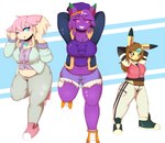 abstract_background anthro black_sclera blue_eyes clothing female group hat headgear headwear larger_female midriff one_eye_closed purple_eyes size_difference slightly_chubby smaller_female smile trio damianvertigo whatever9903 nintendo pokemon jazz_(damianvertigo) lamia_(damianvertigo) rayrou audino generation_1_pokemon generation_5_pokemon gengar pikachu pokemon_(species) absurd_res artist_collaboration hi_res