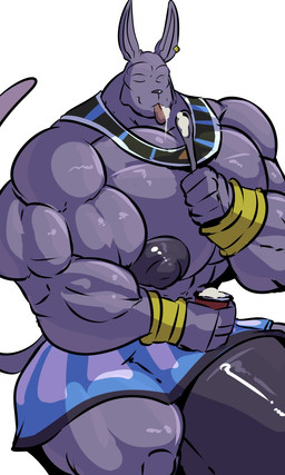 anthro armor barazoku big_muscles big_pecs big_penis bottomwear bracers clothing cutlery dessert ear_piercing eyes_closed food genitals hairless huge_muscles huge_penis hyper hyper_genitalia hyper_penis kitchen_utensils male muscular pecs penis piercing pudding purple_body solo spoon tongue tongue_out tools bobert dragon_ball dragon_ball_super beerus deity domestic_cat felid feline felis god_of_destruction hairless_cat mammal sphynx_(cat) 2017 3:5 digital_media_(artwork) hi_res