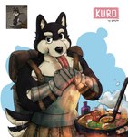 anthro armor backpack biped black_body black_fur breastplate clothing eating food fur gauntlets gloves handwear male multicolored_body multicolored_fur solo tail tail_motion tailwag two_tone_body two_tone_fur vambrace white_body white_fur luck_like delicious_in_dungeon kuro_(delicious_in_dungeon) canid canine canis domestic_dog japanese_kobold mammal 2024 digital_media_(artwork) hi_res