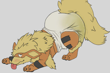 3_fingers 3_toes ambiguous_gender arms_bent bent_legs big_diaper black_body black_fur black_nose black_stripes blush blush_lines bodily_fluids claws clothed clothing diaper diaper_only feet feral fingers fur genital_fluids grey_background looking_back multicolored_body multicolored_fur one_eye_obstructed orange_body orange_fur simple_background solo stripes tail toes tongue tongue_out topless unclean_diaper urine used_diaper wearing_diaper wet_diaper white_diaper yellow_body yellow_fur yellow_inner_ear yellow_tail scripin nintendo pokemon arcanine generation_1_pokemon pokemon_(species) 2025 3:2 hi_res
