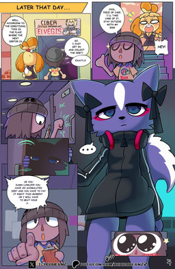 animal_ears anthro biped black_clothing bottomwear clothed clothing dialogue electronics ellipsis eyelashes fur headphones male pupils purple_body speech_bubble stairs tail text thick_thighs topwear ichduhernz aggretsuko animal_crossing nintendo sanrio isabelle_(animal_crossing) shikabane_(aggretsuko) canid canine canis domestic_dog human mammal mephitid shih_tzu skunk toy_dog 2025 absurd_res english_text hi_res